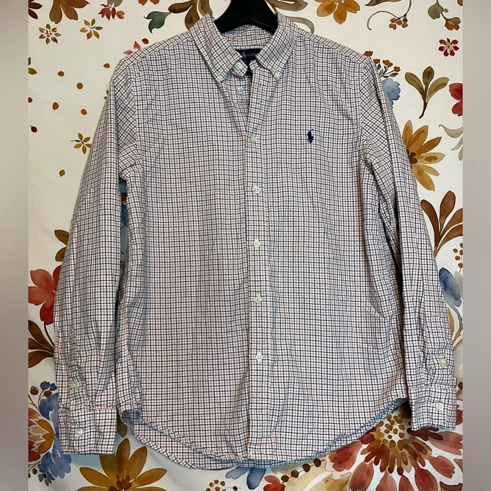 Ralph Lauren Boys XL 18/20 Cream Orange Black Plaid Button Down School Shirt